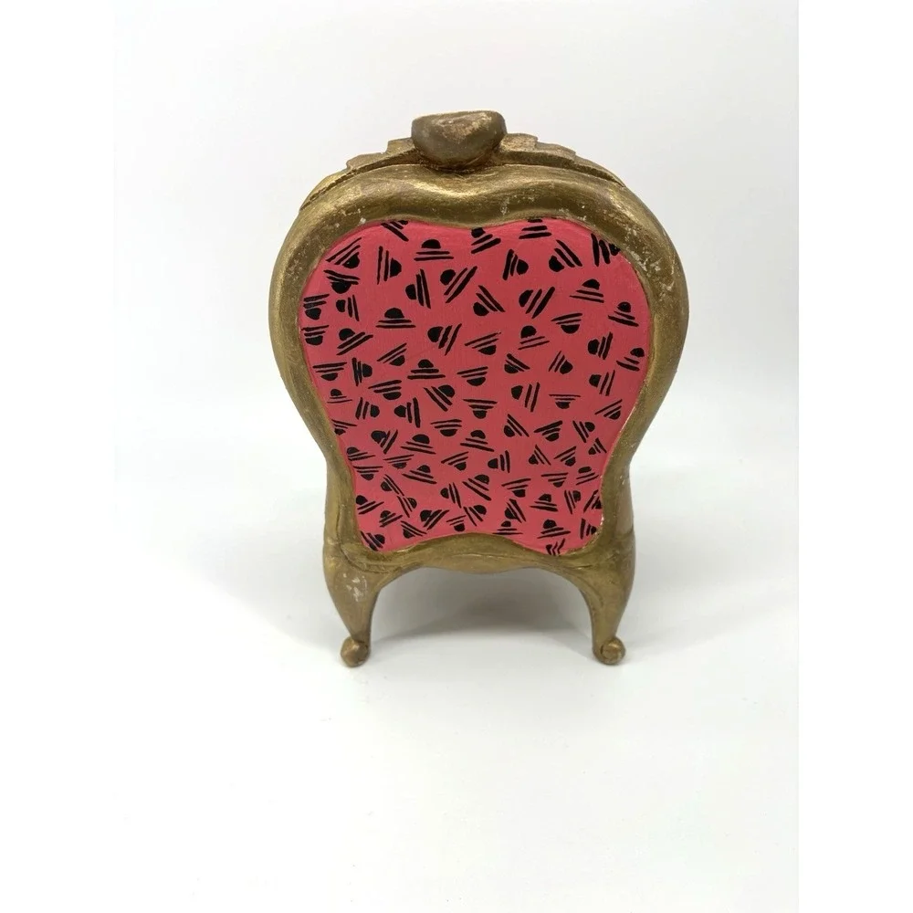 Vintage Miniature Dollhouse Armchair Ornate Gold Trim Pink Print Accent Chair